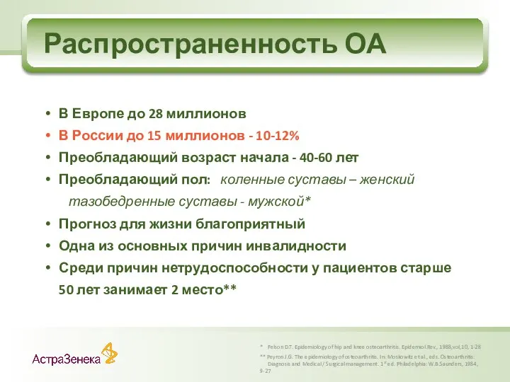 Распространенность ОА * Felson D.T. Epidemiology of hip and knee osteoarthritis.