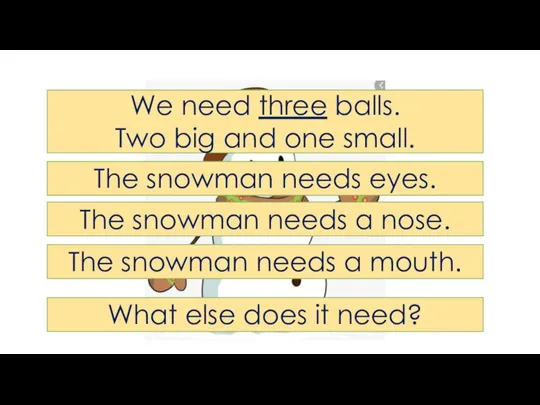 We need three balls. Two big and one small. The snowman