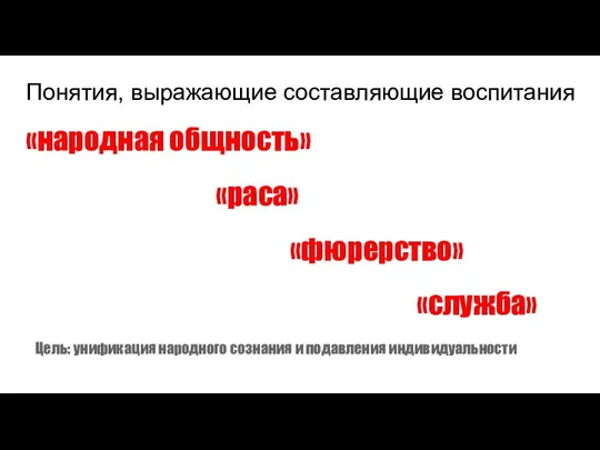 Понятия, выражающие составляющие воспитания «народная общность» «раса» «фюрерство» «служба» Цель: унификация народного сознания и подавления индивидуальности