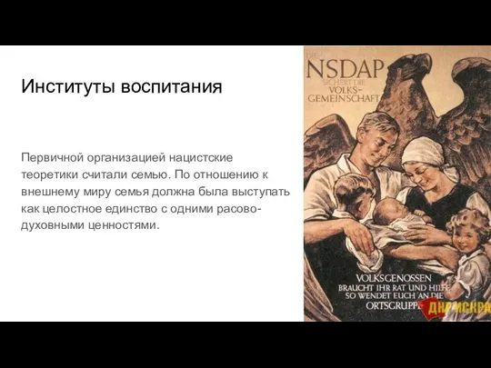 Институты воспитания Первичной организацией нацистские теоретики считали семью. По отношению к