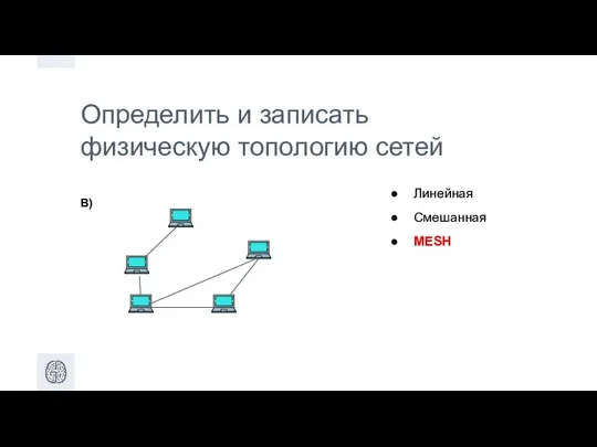 Определить и записать физическую топологию сетей В) Линейная Смешанная MESH