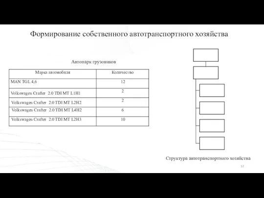 Формирование собственного автотранспортного хозяйства Структура автотранспортного хозяйства Автопарк грузовиков