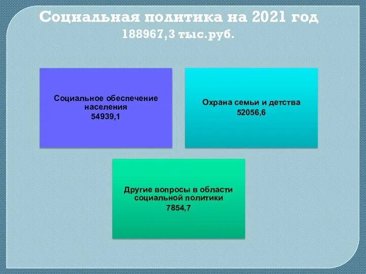 Социальная политика на 2021 год 188967,3 тыс.руб. Социальное обеспечение населения 54939,1