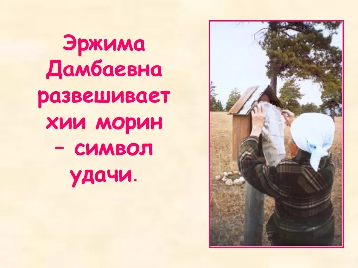 Эржима Дамбаевна развешивает хии морин – символ удачи.