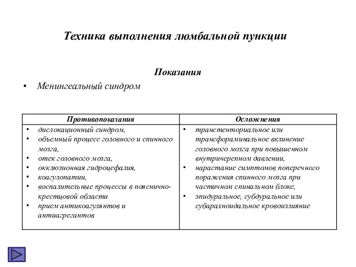 Показания Менингеальный синдром Техника выполнения люмбальной пункции