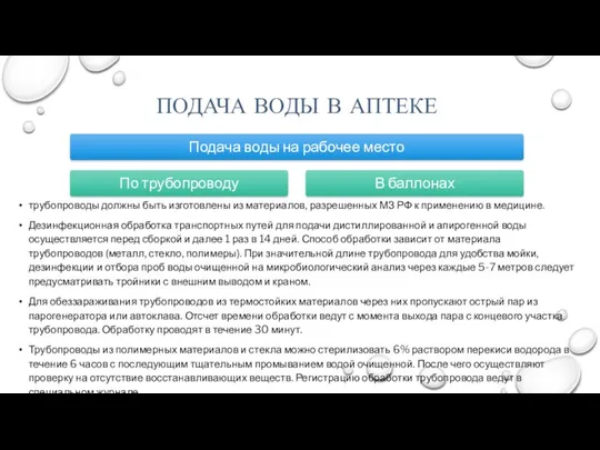 ПОДАЧА ВОДЫ В АПТЕКЕ трубопроводы должны быть изготовлены из материалов, разрешенных