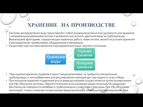 ХРАНЕНИЕ НА ПРОИЗВОДСТВЕ Системы распределения воды представляют собой рециркуляционный контур емкости