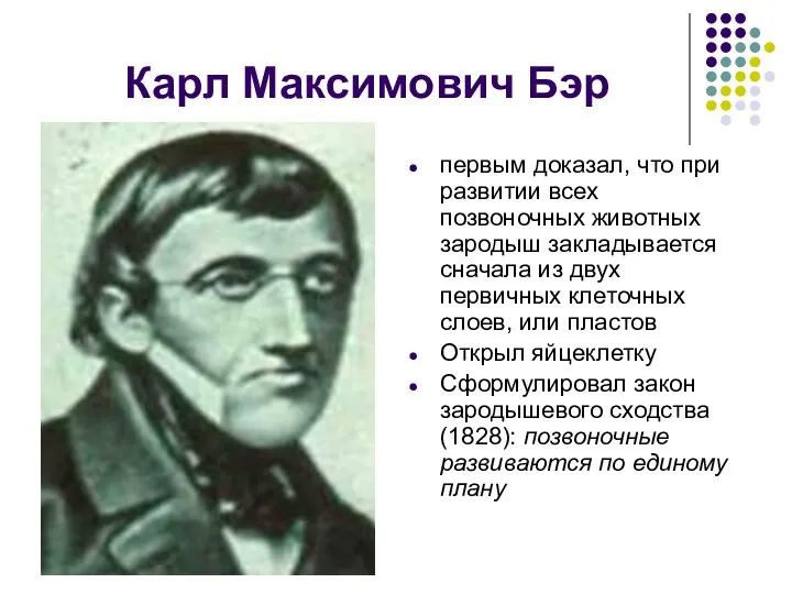 Карл Максимович Бэр первым доказал, что при развитии всех позвоночных животных