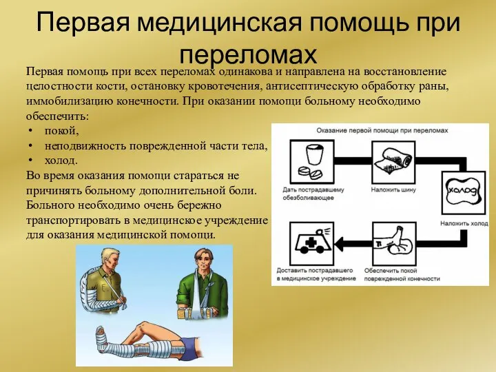 Первая медицинская помощь при переломах Первая помощь при всех переломах одинакова