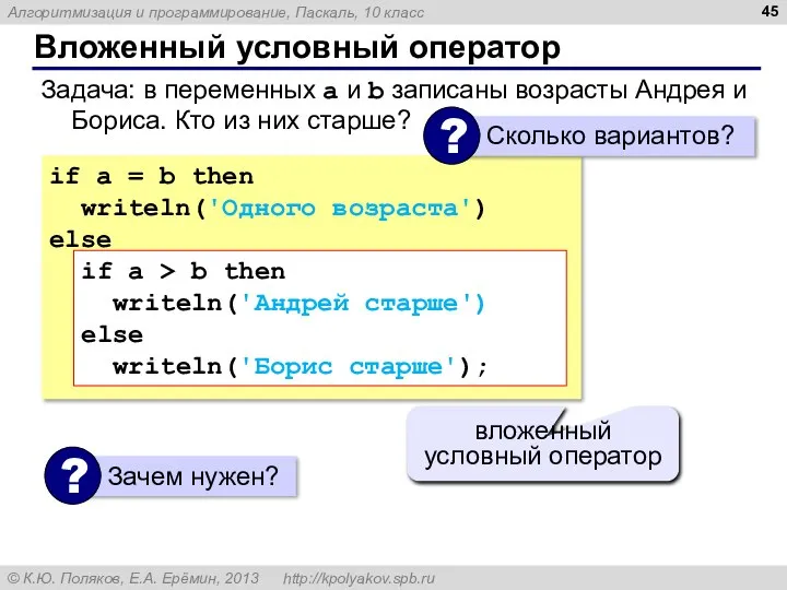 Вложенный условный оператор if a = b then writeln('Одного возраста') else