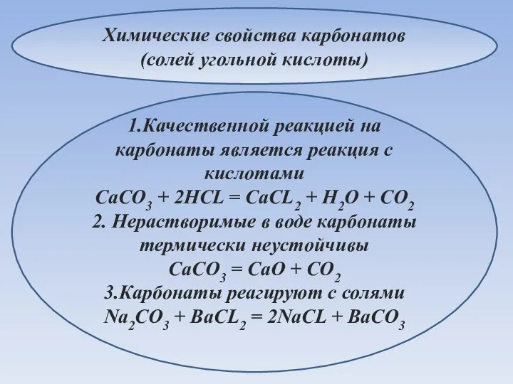 Химические свойства карбонатов (солей угольной кислоты) 1.Качественной реакцией на карбонаты является