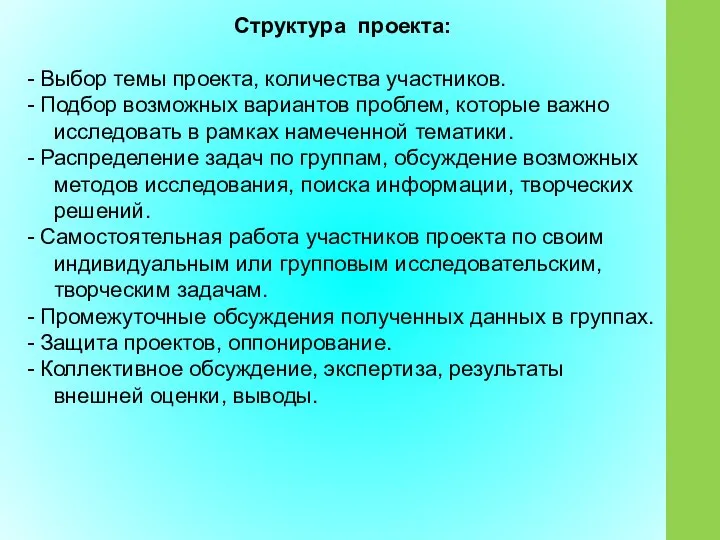 Структура проекта: - Выбор темы проекта, количества участников. - Подбор возможных