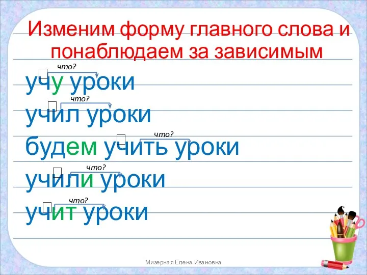 Изменим форму главного слова и понаблюдаем за зависимым учу уроки учил