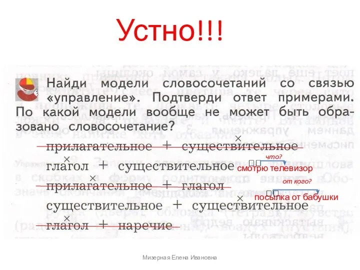 Мизерная Елена Ивановна Устно!!! смотрю телевизор ? посылка от бабушки ? что? от кого?