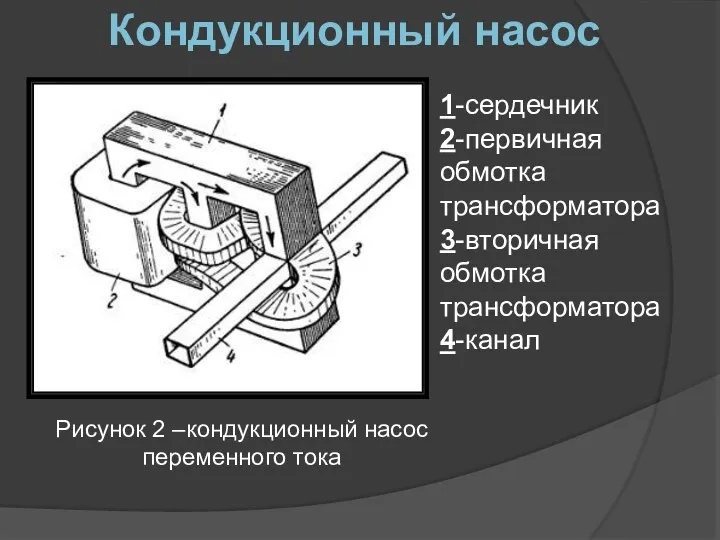 Кондукционный насос Рисунок 2 –кондукционный насос переменного тока 1-сердечник 2-первичная обмотка трансформатора 3-вторичная обмотка трансформатора 4-канал