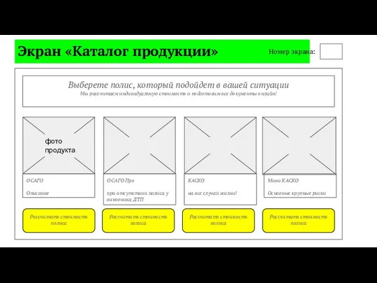 Экран «Каталог продукции» Выберете полис, который подойдет в вашей ситуации Мы