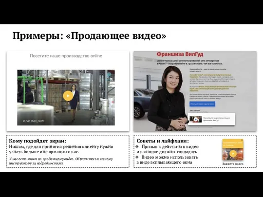 Примеры: «Продающее видео» Кому подойдет экран: Нишам, где для принятия решения