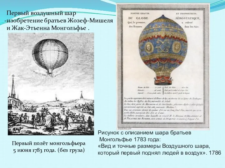 Первый полёт монгольфьера 5 июня 1783 года. (без груза) Рисунок с