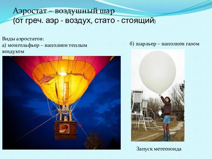 Аэростат – воздушный шар (от греч. аэр - воздух, стато -