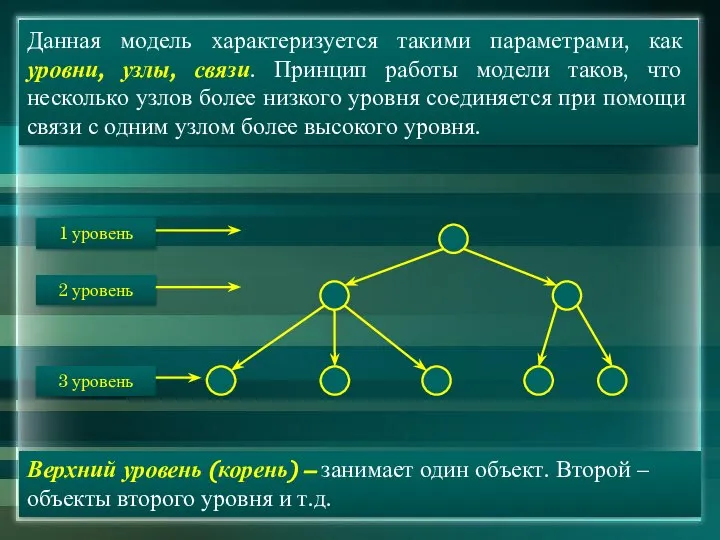 Данная модель характеризуется такими параметрами, как уровни, узлы, связи. Принцип работы