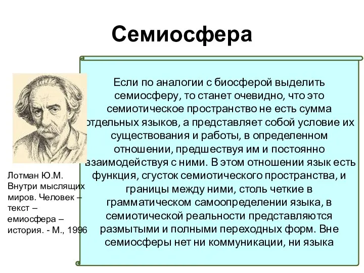 Семиосфера Если по аналогии с биосферой выде­лить семиосферу, то станет очевидно,