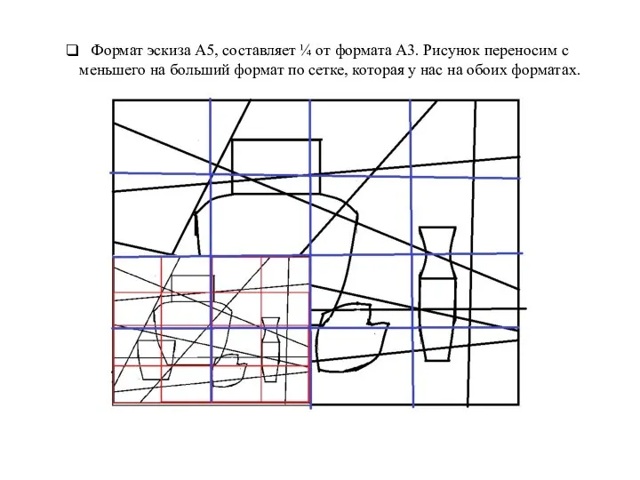 Формат эскиза А5, составляет ¼ от формата А3. Рисунок переносим с