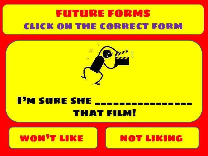 won’t like not liking I’m sure she ________________ that film! FUTURE