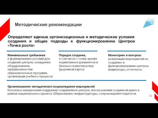 Методические рекомендации Определяют единые организационные и методические условия создания и общие