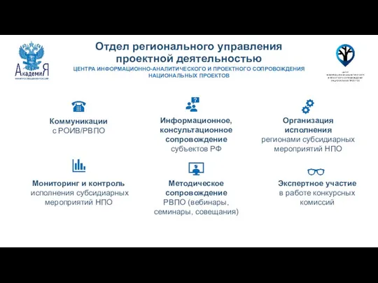 Коммуникации с РОИВ/РВПО Организация исполнения регионами субсидиарных мероприятий НПО Мониторинг и