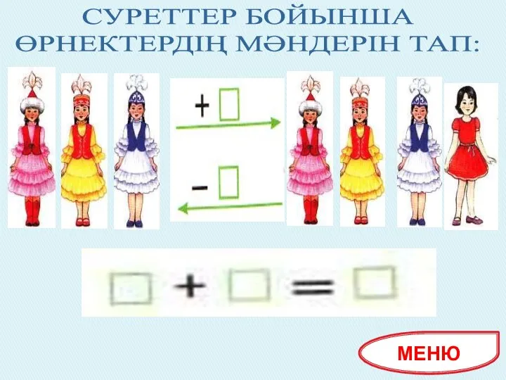 СУРЕТТЕР БОЙЫНША ӨРНЕКТЕРДІҢ МӘНДЕРІН ТАП: МЕНЮ