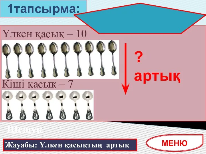 Үлкен қасық – 10 Кіші қасық – 7 Жауабы: Үлкен қасықтың