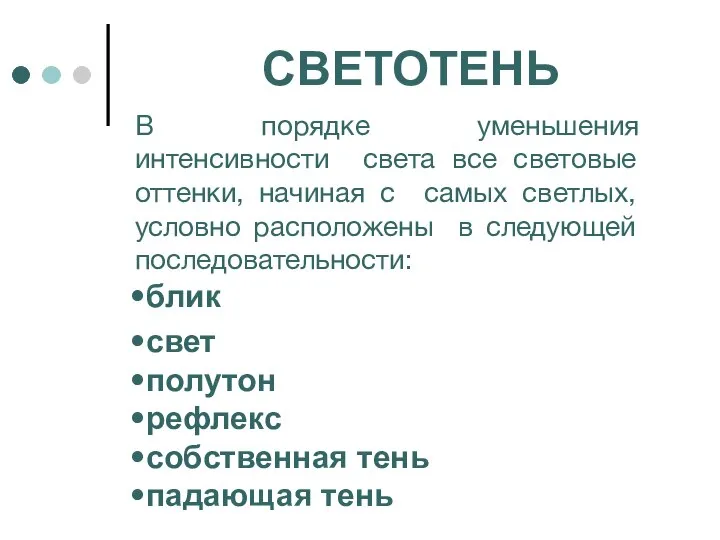 СВЕТОТЕНЬ В порядке уменьшения интенсивности света все световые оттенки, начиная с