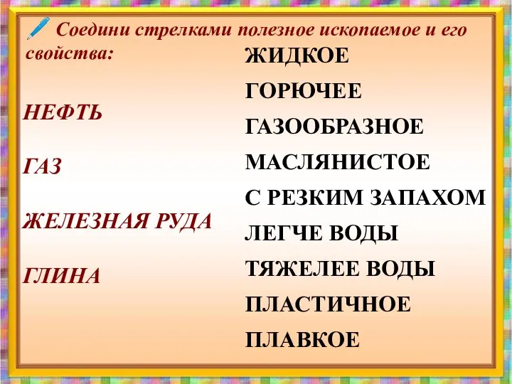 ? Соедини стрелками полезное ископаемое и его свойства: ЖИДКОЕ ГОРЮЧЕЕ ГАЗООБРАЗНОЕ