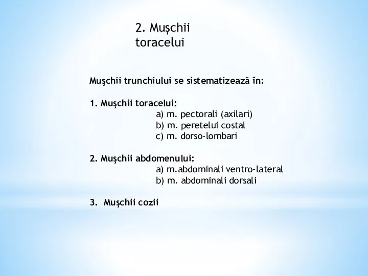 Muşchii trunchiului se sistematizează în: 1. Muşchii toracelui: a) m. pectorali