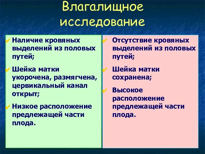 Влагалищное исследование Наличие кровяных выделений из половых путей; Шейка матки укорочена,