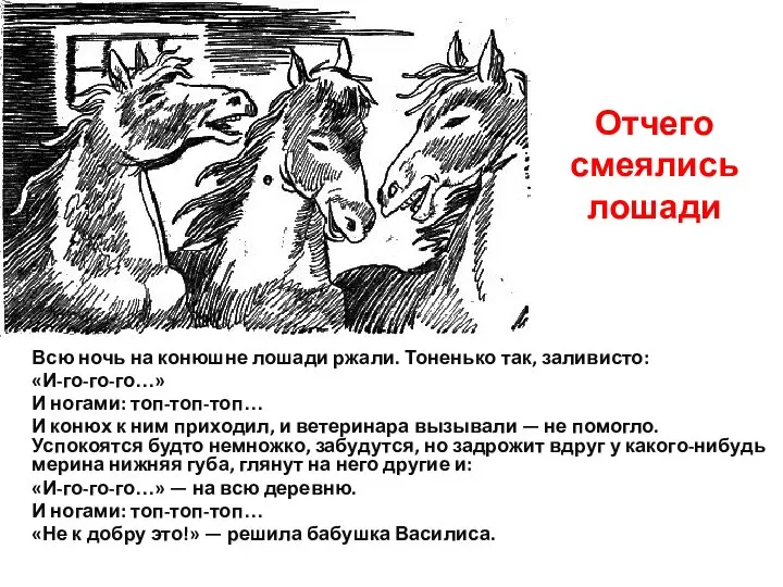 Отчего смеялись лошади Всю ночь на конюшне лошади ржали. Тоненько так,