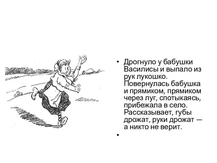 Дрогнуло у бабушки Василисы и выпало из рук лукошко. Повернулась бабушка