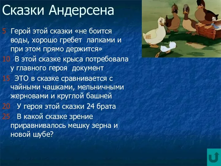 Сказки Андерсена 5 Герой этой сказки «не боится воды, хорошо гребет