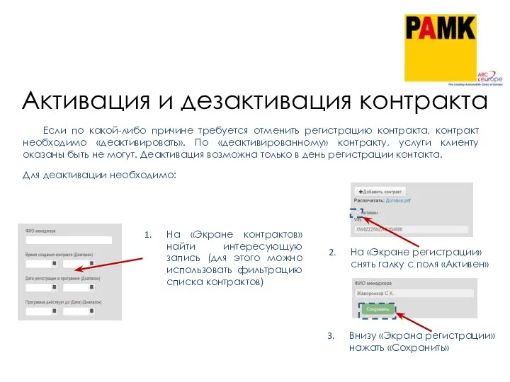 Активация и дезактивация контракта Если по какой-либо причине требуется отменить регистрацию