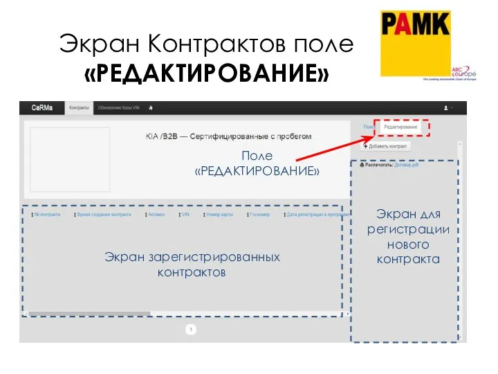 Экран Контрактов поле «РЕДАКТИРОВАНИЕ» Экран зарегистрированных контрактов Экран для регистрации нового контракта Поле «РЕДАКТИРОВАНИЕ»