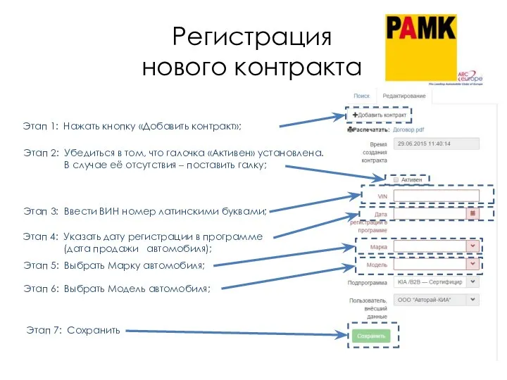 Регистрация нового контракта Этап 3: Ввести ВИН номер латинскими буквами; Этап