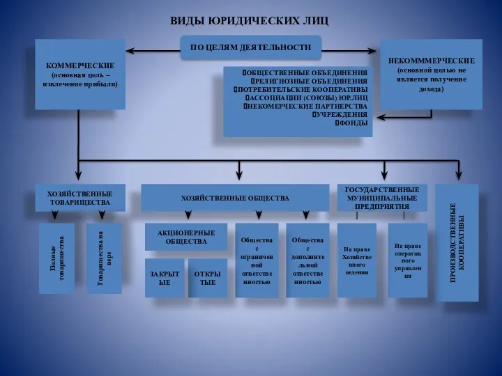 ВИДЫ ЮРИДИЧЕСКИХ ЛИЦ ПО ЦЕЛЯМ ДЕЯТЕЛЬНОСТИ КОММЕРЧЕСКИЕ (основная цель – извлечение