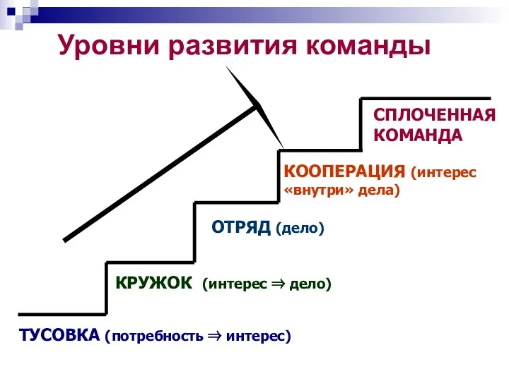 Уровни развития команды ТУСОВКА (потребность ⇒ интерес) КРУЖОК (интерес ⇒ дело)