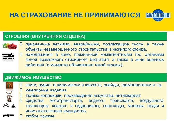 НА СТРАХОВАНИЕ НЕ ПРИНИМАЮТСЯ СТРОЕНИЯ (ВНУТРЕННЯЯ ОТДЕЛКА) ДВИЖИМОЕ ИМУЩЕСТВО