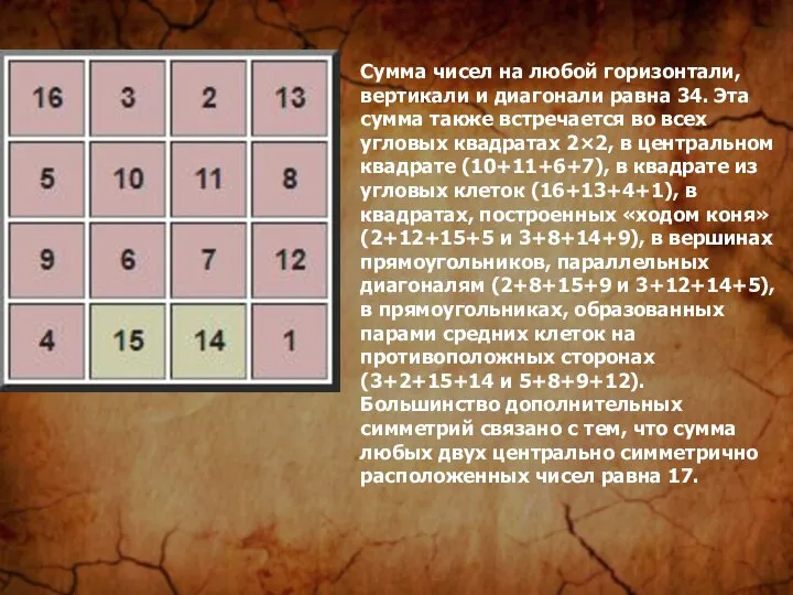 Сумма чисел на любой горизонтали, вертикали и диагонали равна 34. Эта