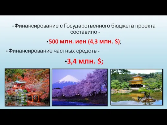 Финансирование с Государственного бюджета проекта составило - 500 млн. иен (4,3