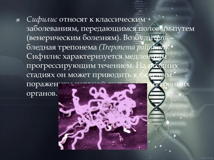 Сифилис относят к классическим заболеваниям, передающимся половым путем (венерическим болезням). Возбудитель