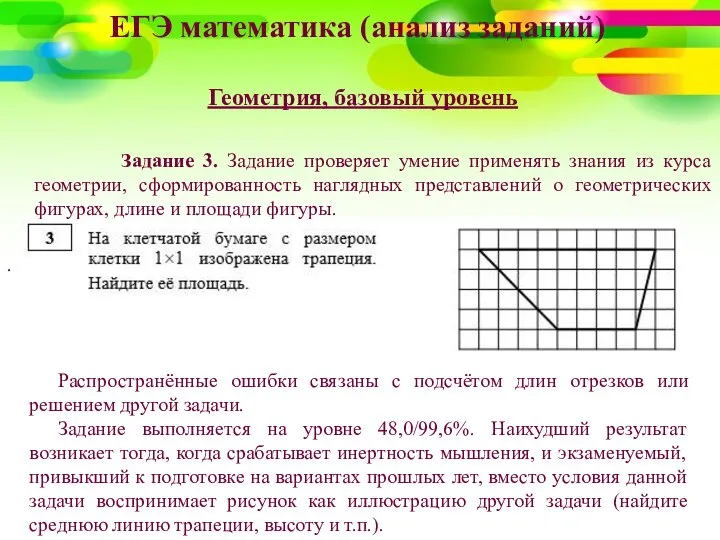 ЕГЭ математика (анализ заданий) Геометрия, базовый уровень Задание 3. Задание проверяет