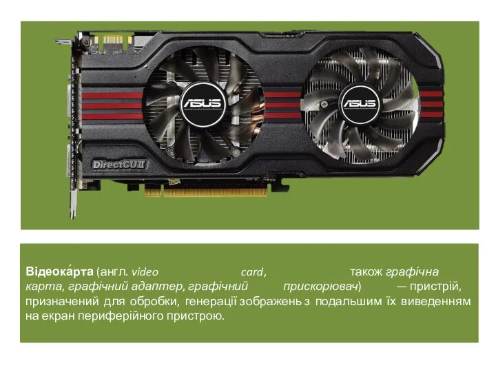 Відеока́рта (англ. video card, також графічна карта, графічний адаптер, графічний прискорювач)