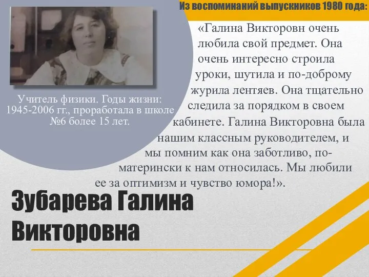 Зубарева Галина Викторовна Учитель физики. Годы жизни: 1945-2006 гг., проработала в